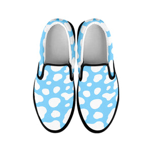 White And Blue Cow Print Black Slip On Sneakers