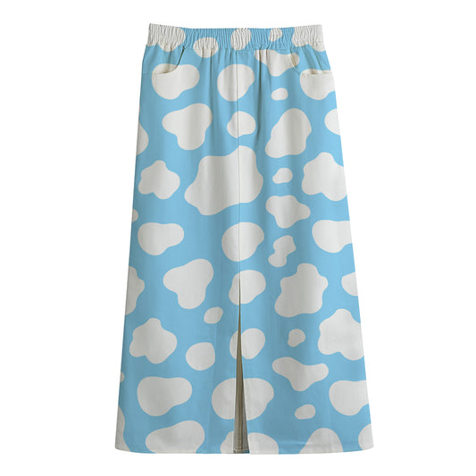 White And Blue Cow Print Cotton Front Slit Maxi Skirt