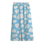 White And Blue Cow Print Cotton Front Slit Maxi Skirt