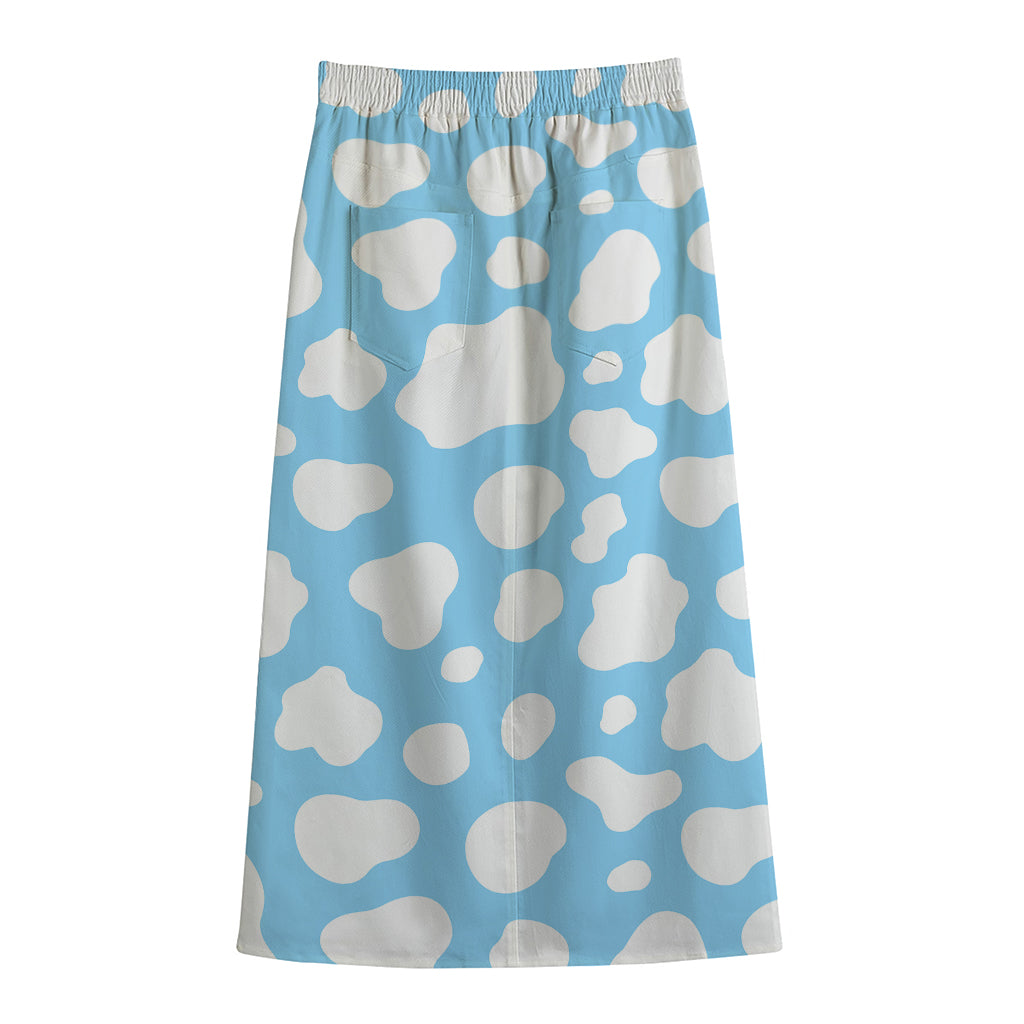 White And Blue Cow Print Cotton Front Slit Maxi Skirt