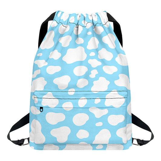 White And Blue Cow Print Drawstring Backpack