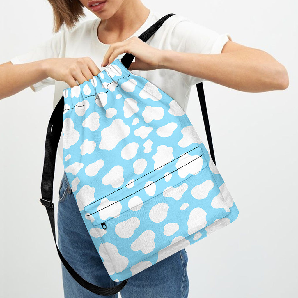 White And Blue Cow Print Drawstring Backpack