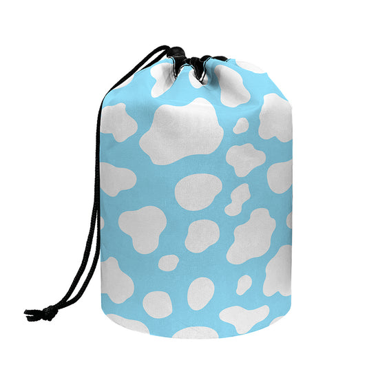 White And Blue Cow Print Drawstring Makeup Bag