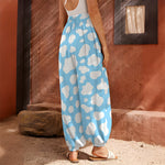 White And Blue Cow Print Harem Pants