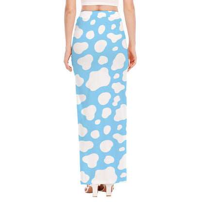 White And Blue Cow Print High Slit Maxi Skirt