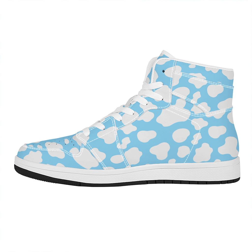 White And Blue Cow Print High Top Leather Sneakers