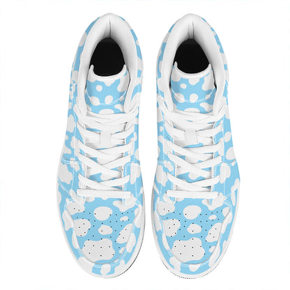 White And Blue Cow Print High Top Leather Sneakers