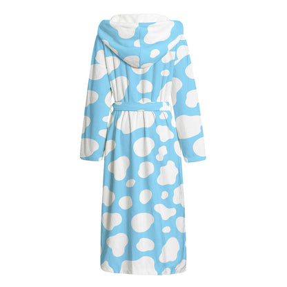 White And Blue Cow Print Hooded Bathrobe