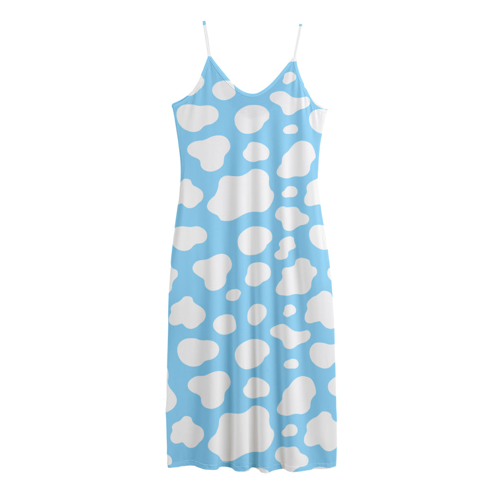 White And Blue Cow Print Jersey Midi Cami Dress