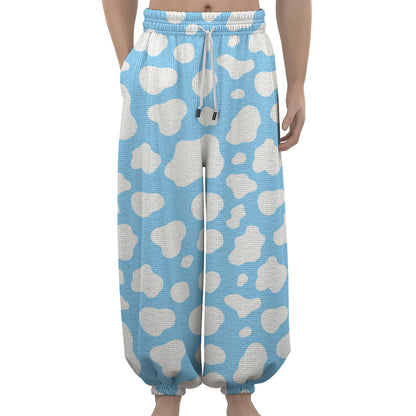 White And Blue Cow Print Lantern Pants
