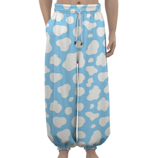White And Blue Cow Print Lantern Pants