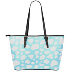White And Blue Cow Print Leather Tote Bag