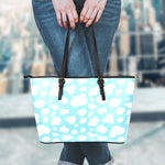 White And Blue Cow Print Leather Tote Bag
