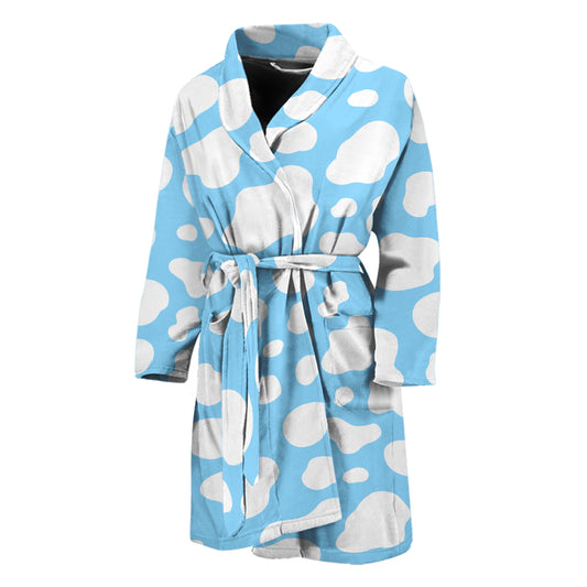 White And Blue Cow Print Men's Bathrobe