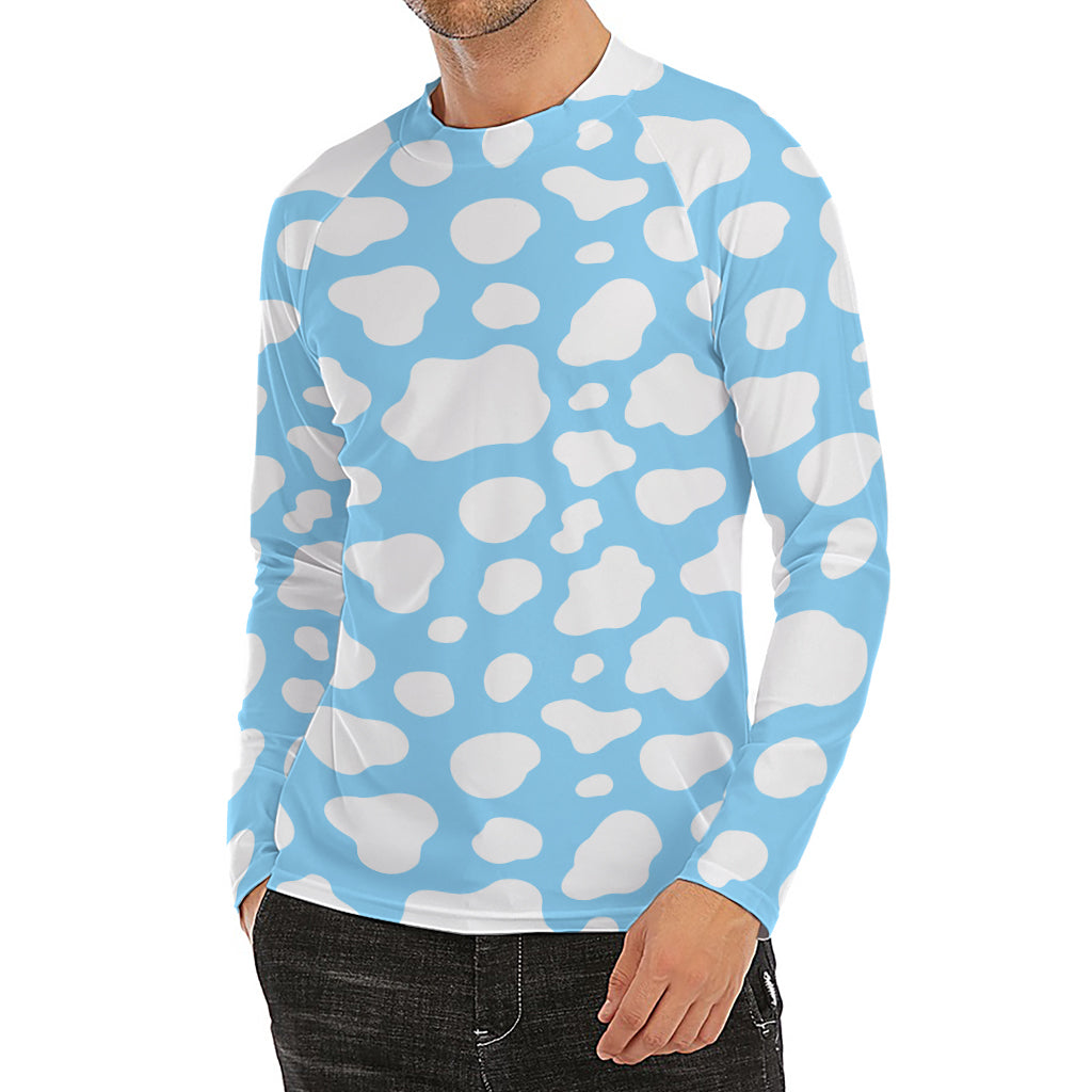 White And Blue Cow Print Men's Long Sleeve Rash Guard