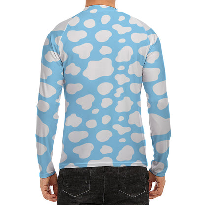 White And Blue Cow Print Men's Long Sleeve Rash Guard