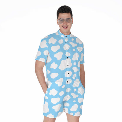 White And Blue Cow Print Men's Rompers