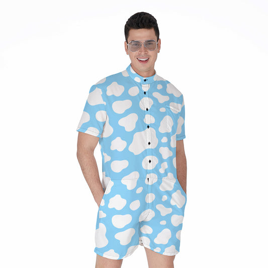 White And Blue Cow Print Men's Rompers