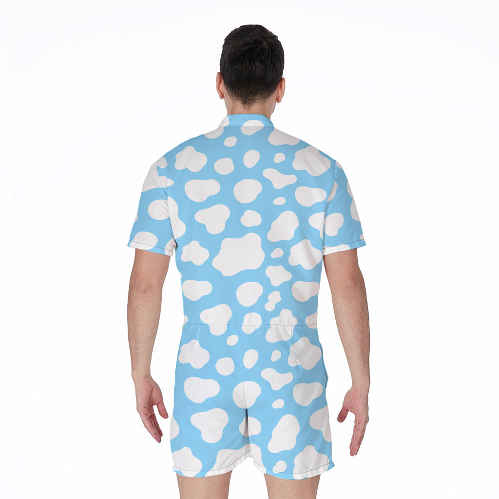 White And Blue Cow Print Men's Rompers