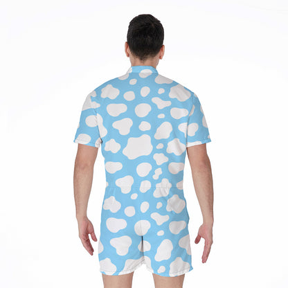 White And Blue Cow Print Men's Rompers