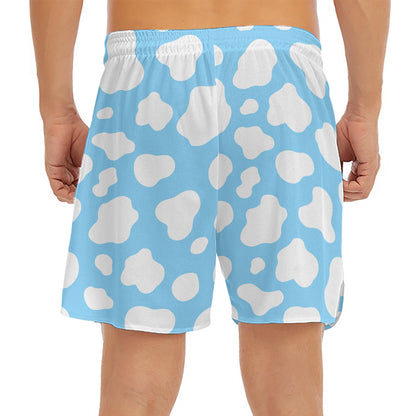 White And Blue Cow Print Men's Split Running Shorts