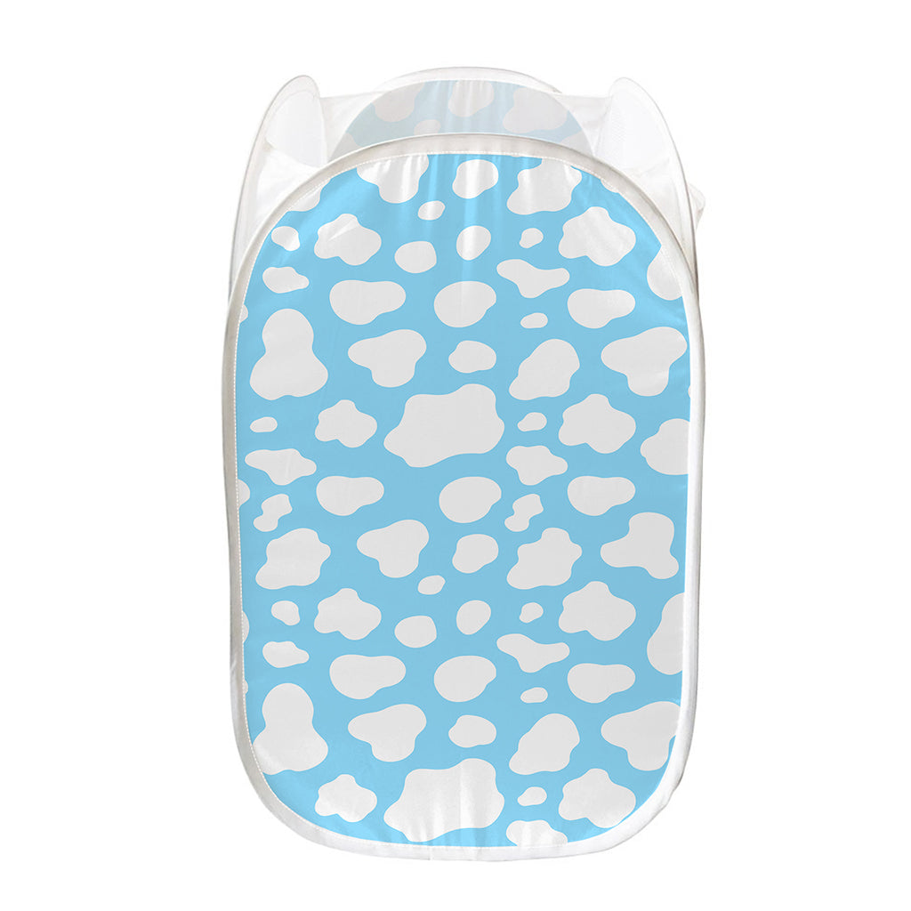 White And Blue Cow Print Mesh Laundry Hamper