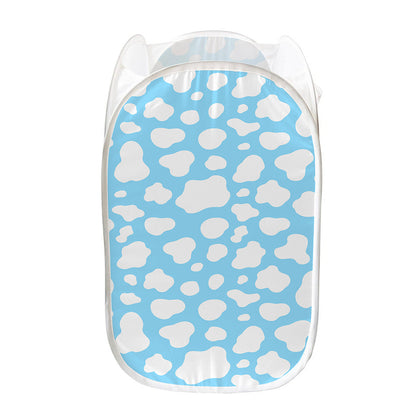 White And Blue Cow Print Mesh Laundry Hamper