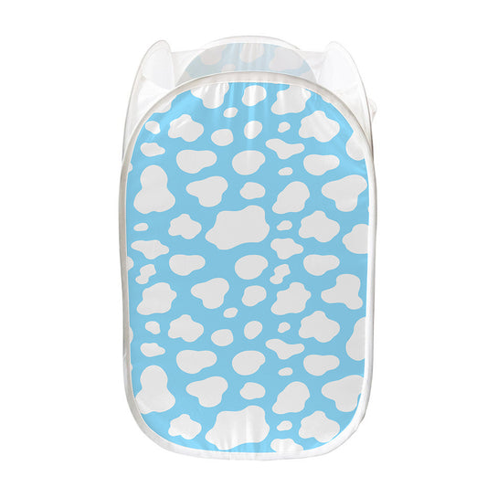White And Blue Cow Print Mesh Laundry Hamper
