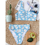 White And Blue Cow Print One Shoulder Bikini Top