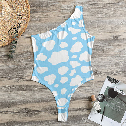 White And Blue Cow Print One Shoulder Bodysuit