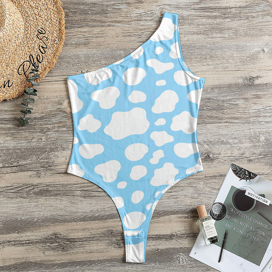 White And Blue Cow Print One Shoulder Bodysuit
