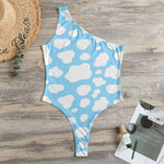 White And Blue Cow Print One Shoulder Bodysuit