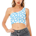 White And Blue Cow Print One Shoulder Crop Top