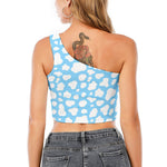 White And Blue Cow Print One Shoulder Crop Top