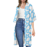 White And Blue Cow Print Open Front Beach Cover Up