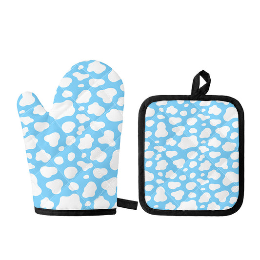 White And Blue Cow Print Oven Mitt And Pot Holder Set