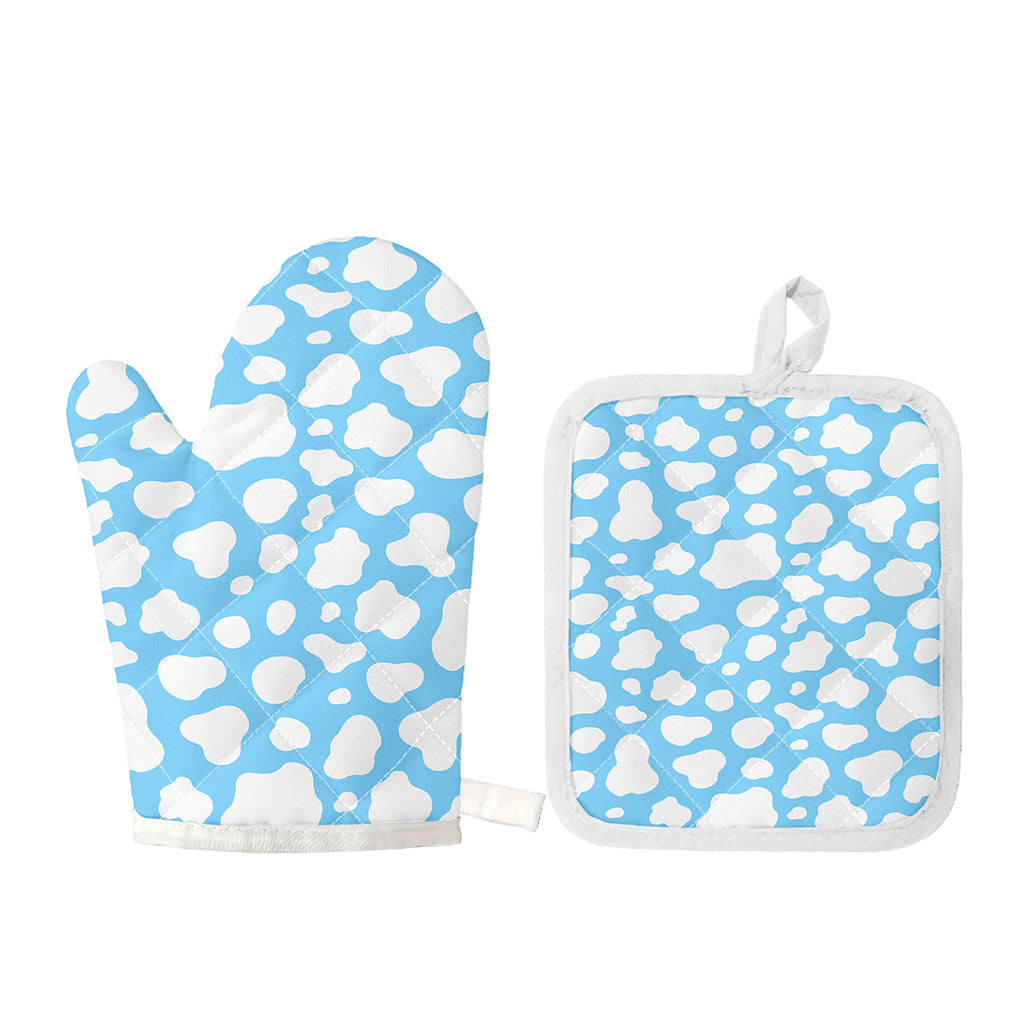 White And Blue Cow Print Oven Mitt And Pot Holder Set