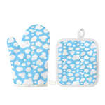 White And Blue Cow Print Oven Mitt And Pot Holder Set
