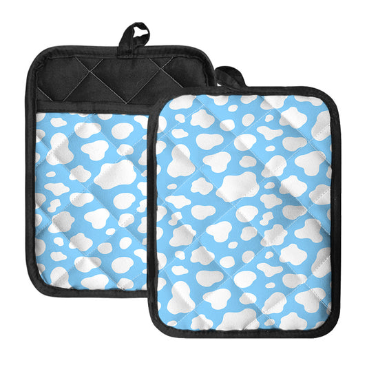 White And Blue Cow Print Pot Holders With Pocket