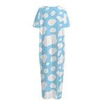 White And Blue Cow Print Short Sleeve Long Nightdress