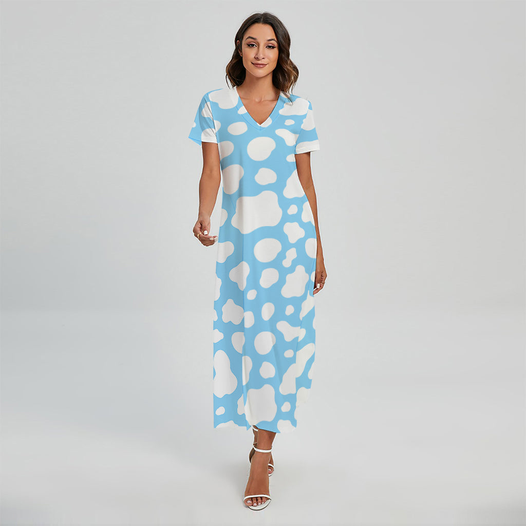 White And Blue Cow Print Short Sleeve Maxi Dress  GearFrost