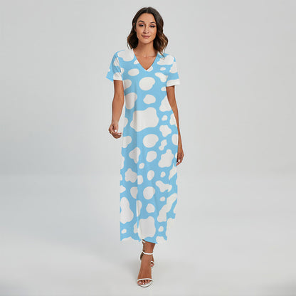 White And Blue Cow Print Short Sleeve Maxi Dress