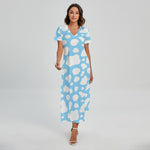 White And Blue Cow Print Short Sleeve Maxi Dress
