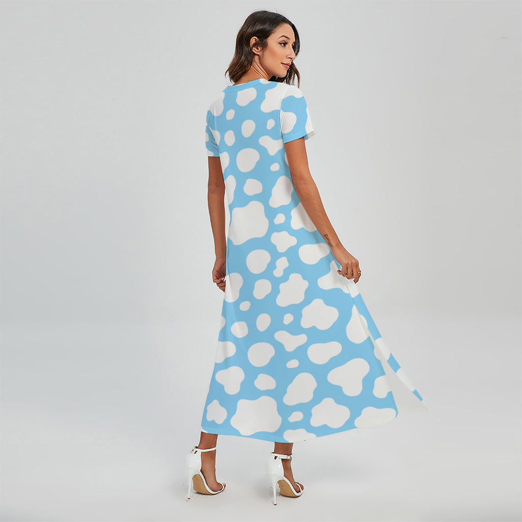 White And Blue Cow Print Short Sleeve Maxi Dress