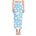 White And Blue Cow Print Side Slit Maxi Skirt
