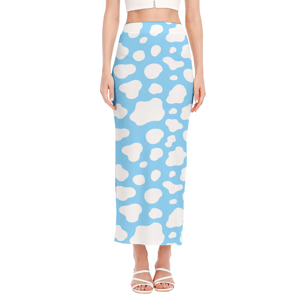 White And Blue Cow Print Side Slit Maxi Skirt