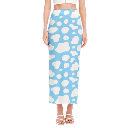 White And Blue Cow Print Side Slit Maxi Skirt