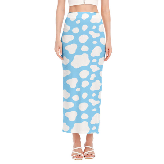 White And Blue Cow Print Side Slit Maxi Skirt