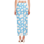 White And Blue Cow Print Side Slit Maxi Skirt