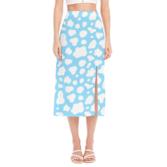 White And Blue Cow Print Side Slit Midi Skirt